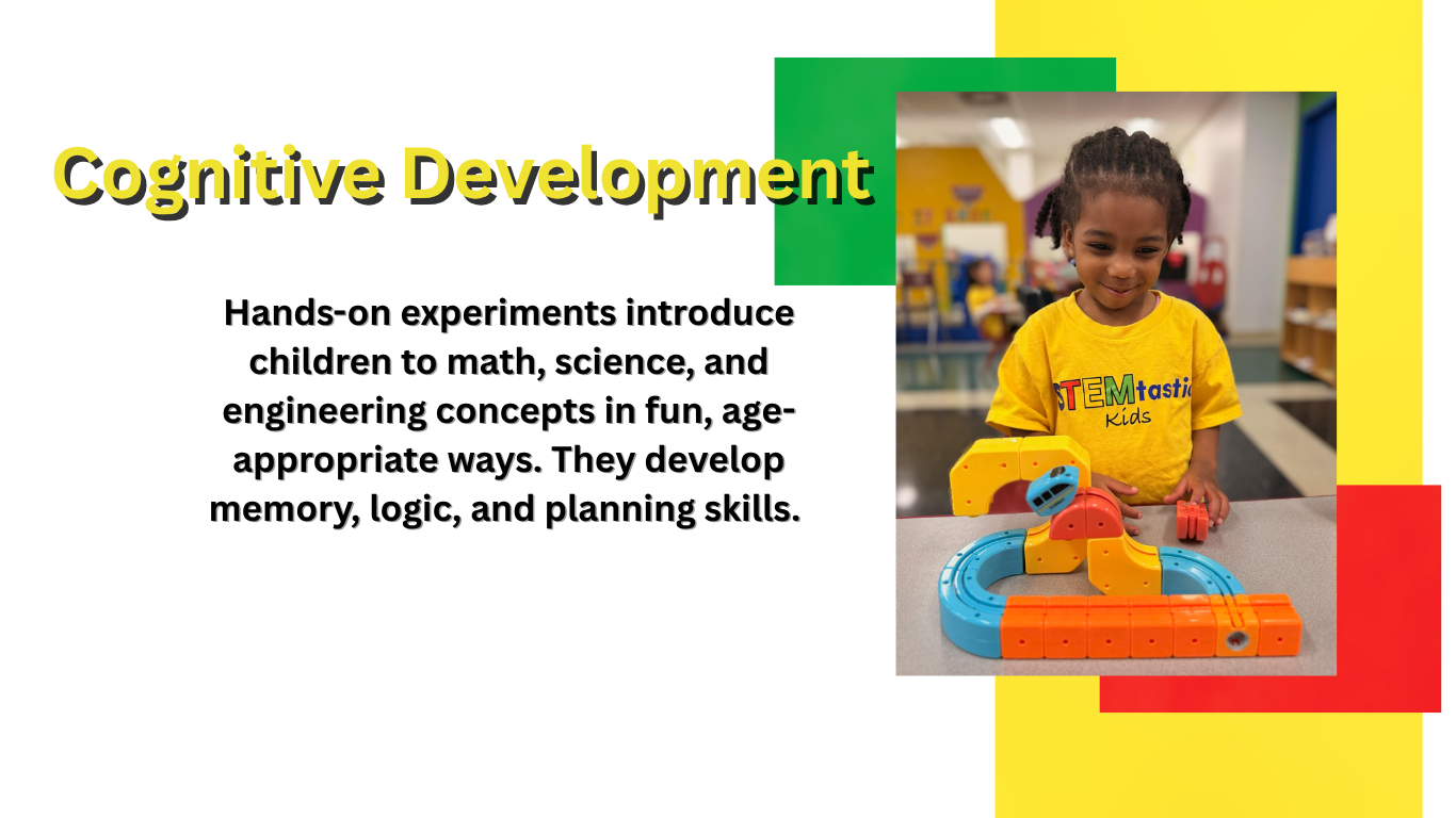 A young girl in a yellow STEM T-shirt playing with colorful educational toys at a table in a classroom.