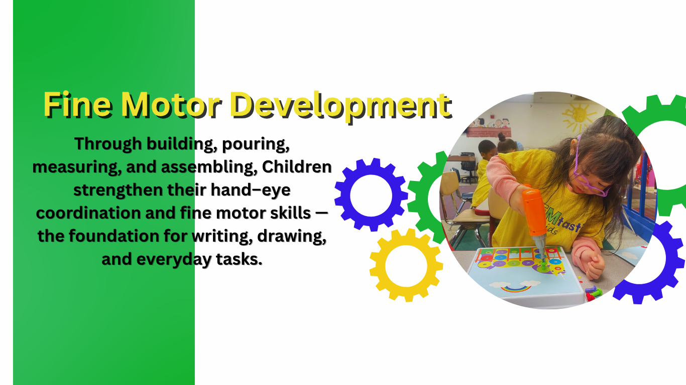 A classroom scene with children engaging in fine motor activities, including a girl using a toy screwdriver to assemble a colorful puzzle, surrounded by colorful gear illustrations and educational decorations in the background.
