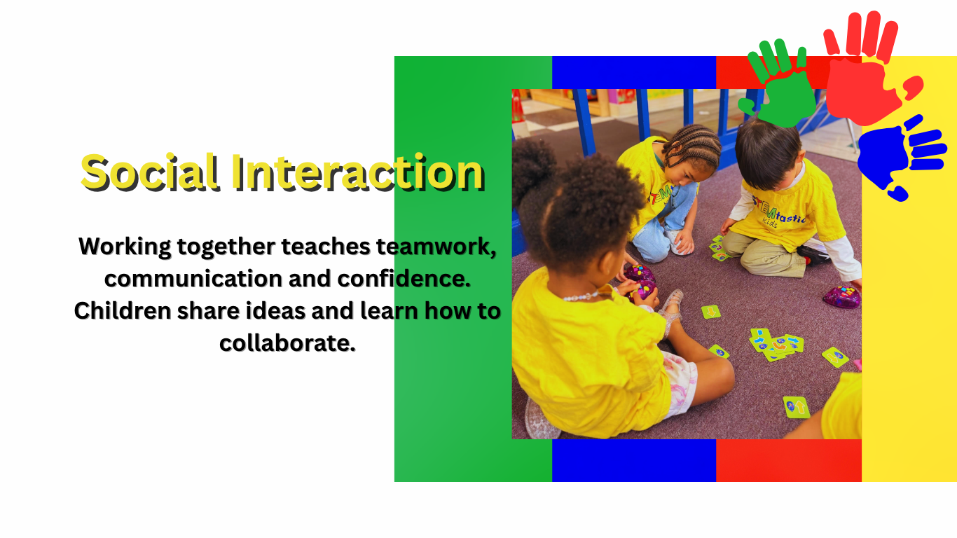 Children in yellow shirts playing an interactive game with colorful cards on a carpeted floor, engaging in social interaction.