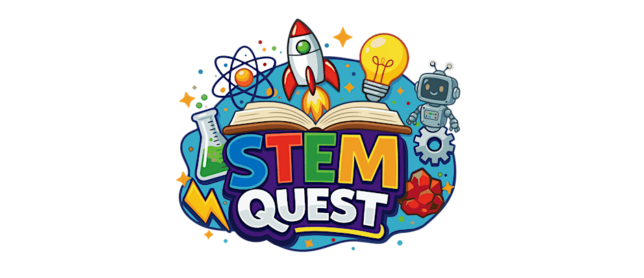 Colorful STEM quest logo featuring a rocket, open book, light bulb, robot, gear, test tube, and atom symbols.