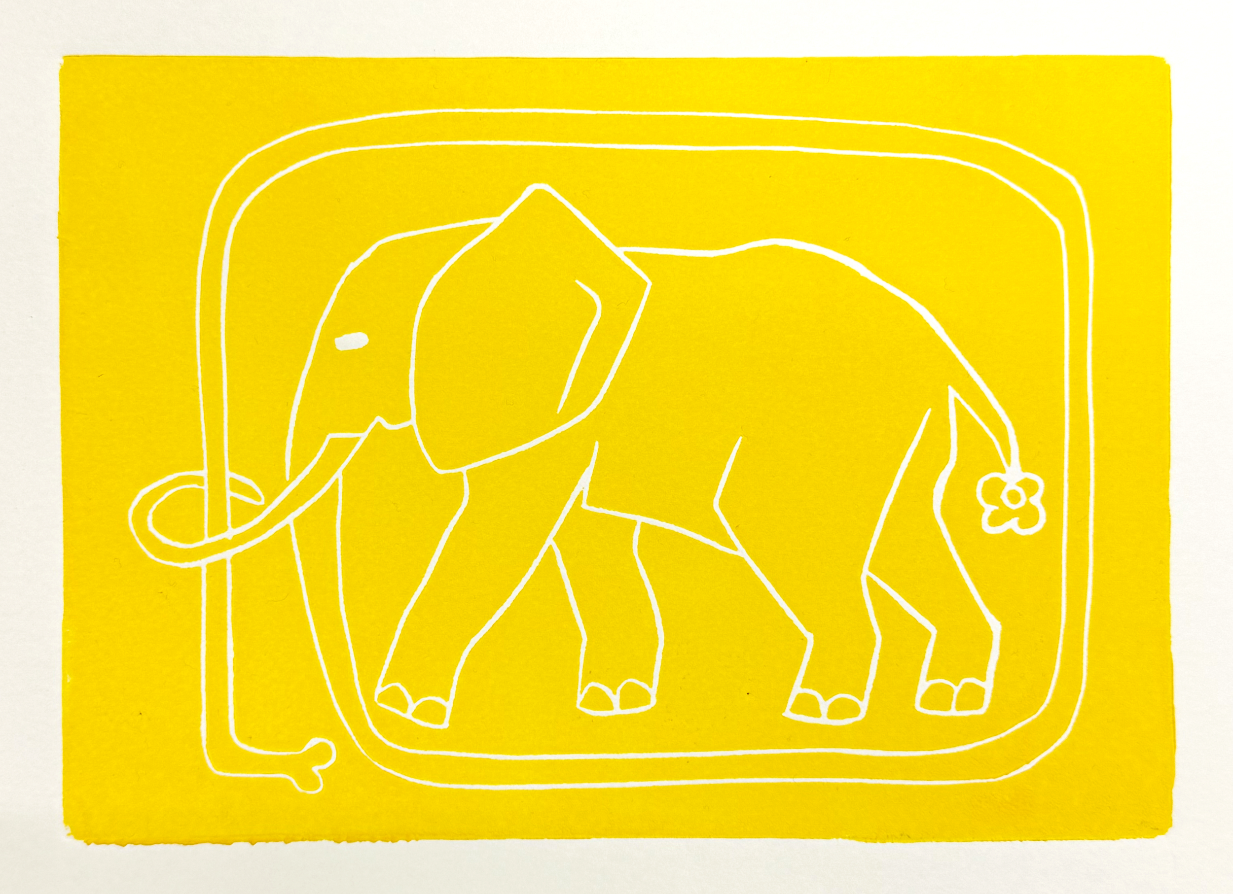 Elephant with an Extra Trunk Yellow (Linocut Print) 15 x 21.5 cm, 2024