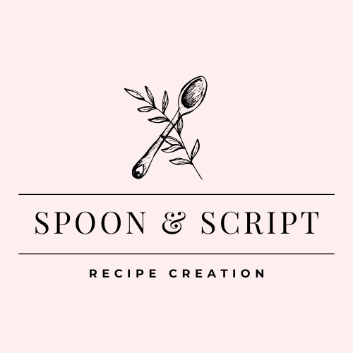 Logo featuring a spoon and a script pen with a branch and leaves, with the text "Spoon & Script" and "Recipe Creation" underneath.