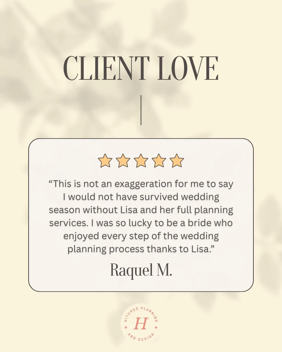Raquel went on to say: 

&quot;My day was relaxed and pure joy because I knew Lisa had all the details managed. If you&rsquo;re getting married, you need a @lisaforbesplanner!! (Or anyone from Hitched really, they&rsquo;re truly a dedicated group of 