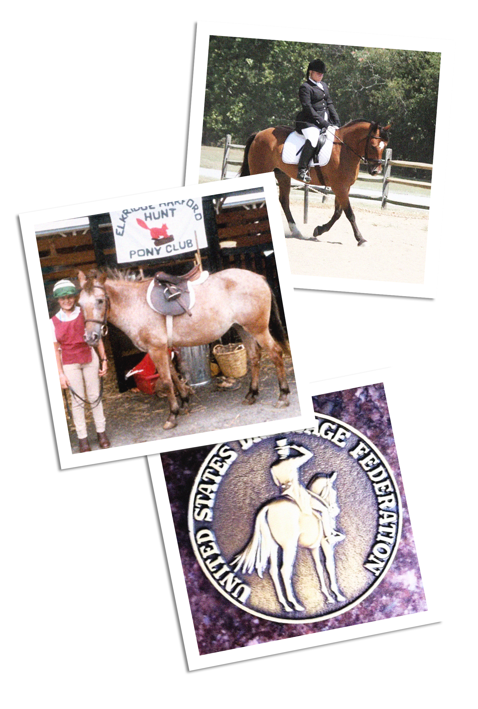 A collage of three photographs related to horseback riding and equestrian activities. The top photo shows a woman in a riding outfit riding a horse in an outdoor arena. The middle photo depicts a girl standing next to a pony with a sign that reads "Elk River Horseford Hunt Pony Club." The bottom photo features a circular emblem with a figure riding a horse, with the text "United States Equestrian Federation."