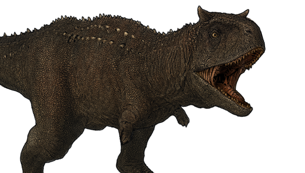 A realistic model of a Carnotaurus with its mouth open, showing sharp teeth and textured skin.