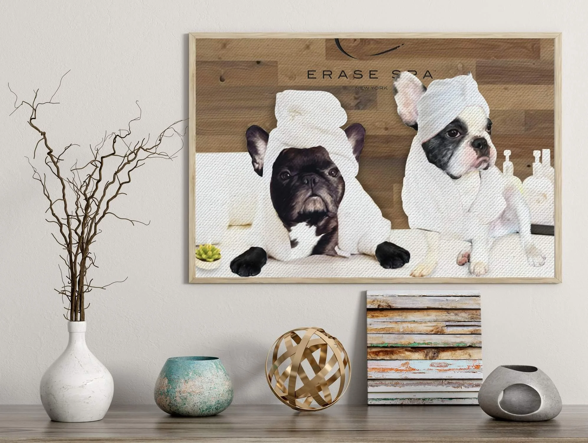 Decorative artwork featuring two French Bulldog puppies dressed in white bathrobes.