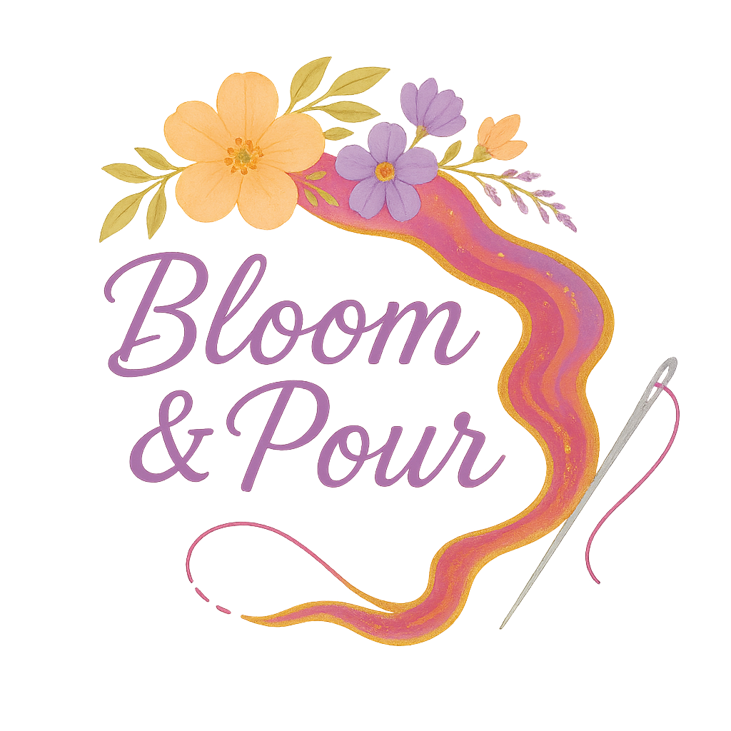 Neon sign with flowers, sewing needle, and pink fabric, displaying the words 'Bloom & Pour' with glowing effects.