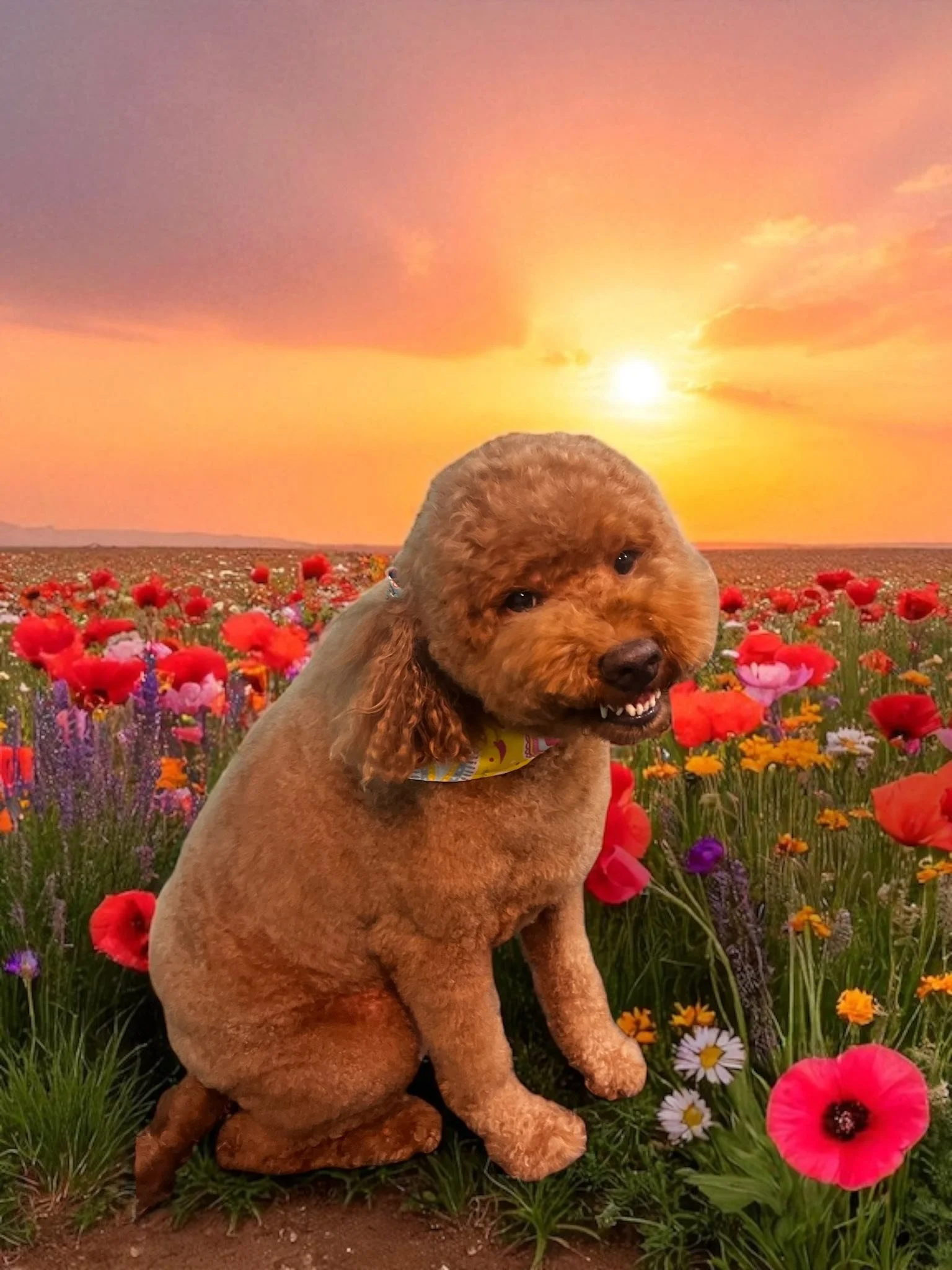 An adorable goldendoodle with a teddy bear cut sits among vibrant wildflowers at sunset after a fresh groom from The Dapper Dog Luxury Pet Spa in Port Neches, TX—where expert care meets stunning style for every pup.
