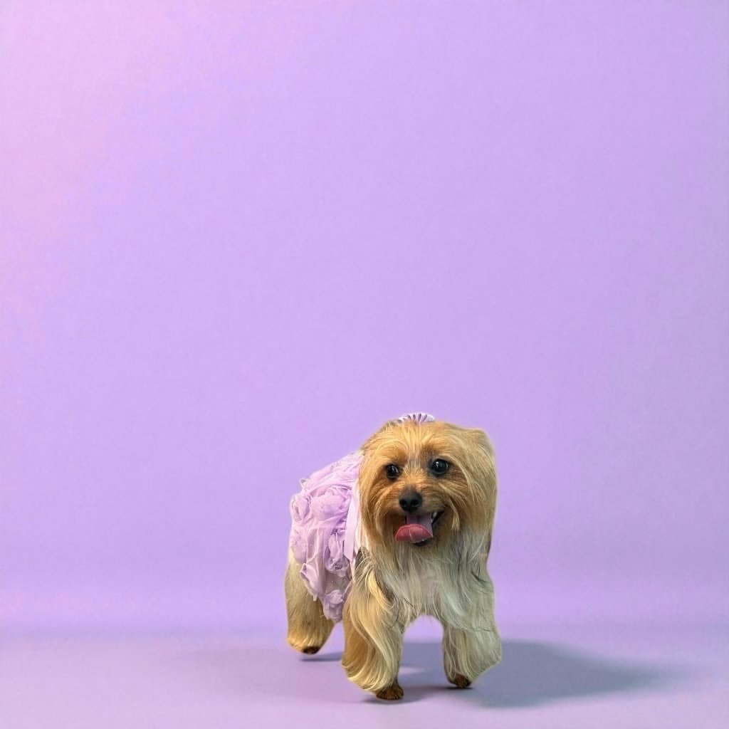 A small dog wearing a pink dress standing on a purple background.
