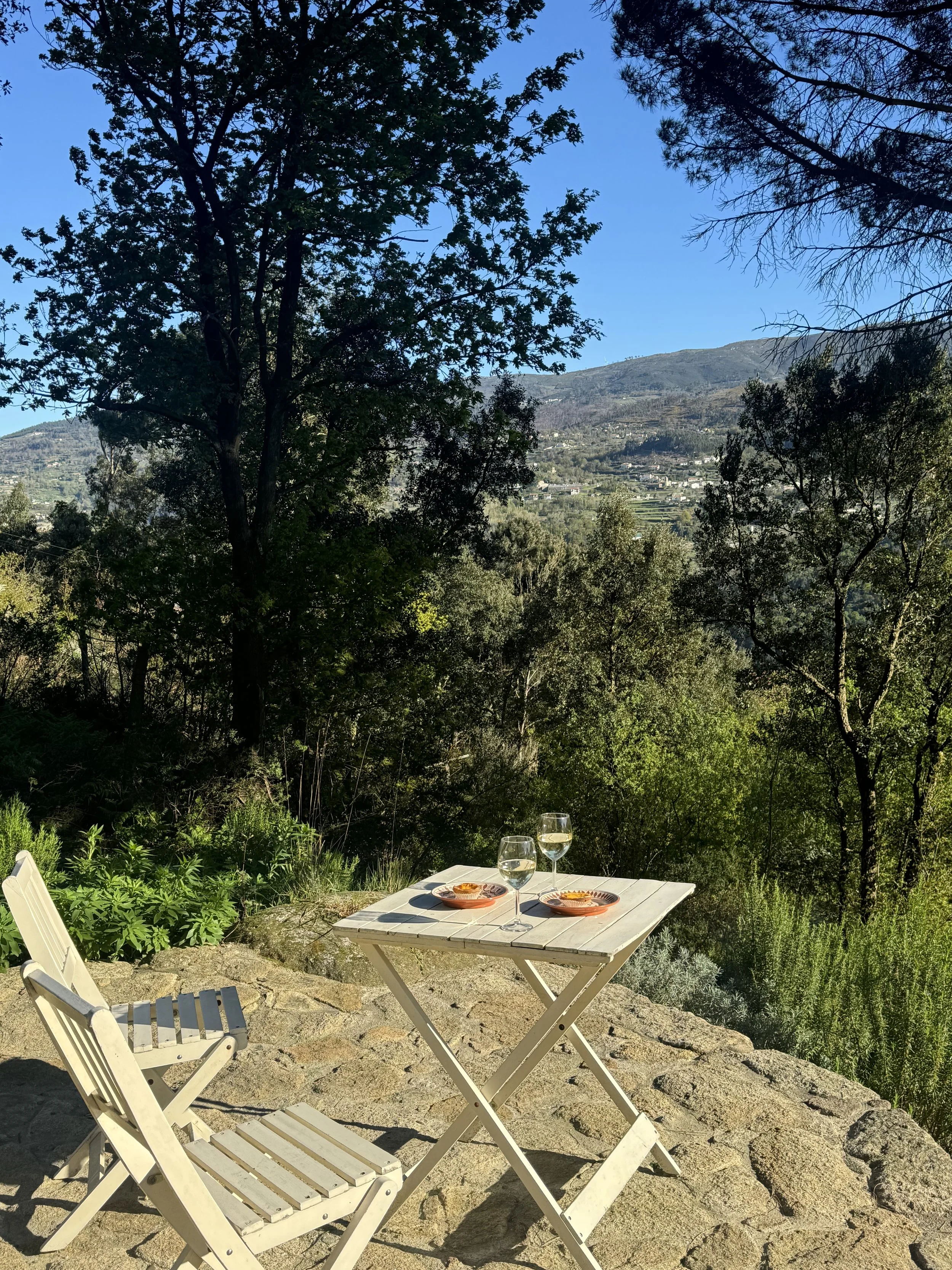 A small white table with two glasses of white wine and two plates of food, accompanied by a white folding chair, set on a rocky surface outdoors in a scenic green landscape with trees and mountains in the background under a clear blue sky.