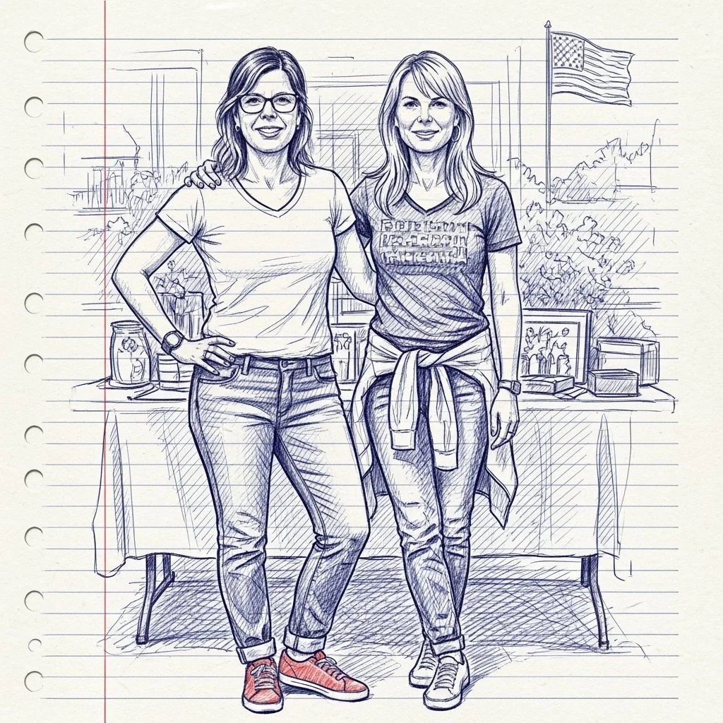 A line art drawing of two women standing side by side in front of a decorated table with American flags, framed photos, and other items, on a sheet of lined notebook paper.