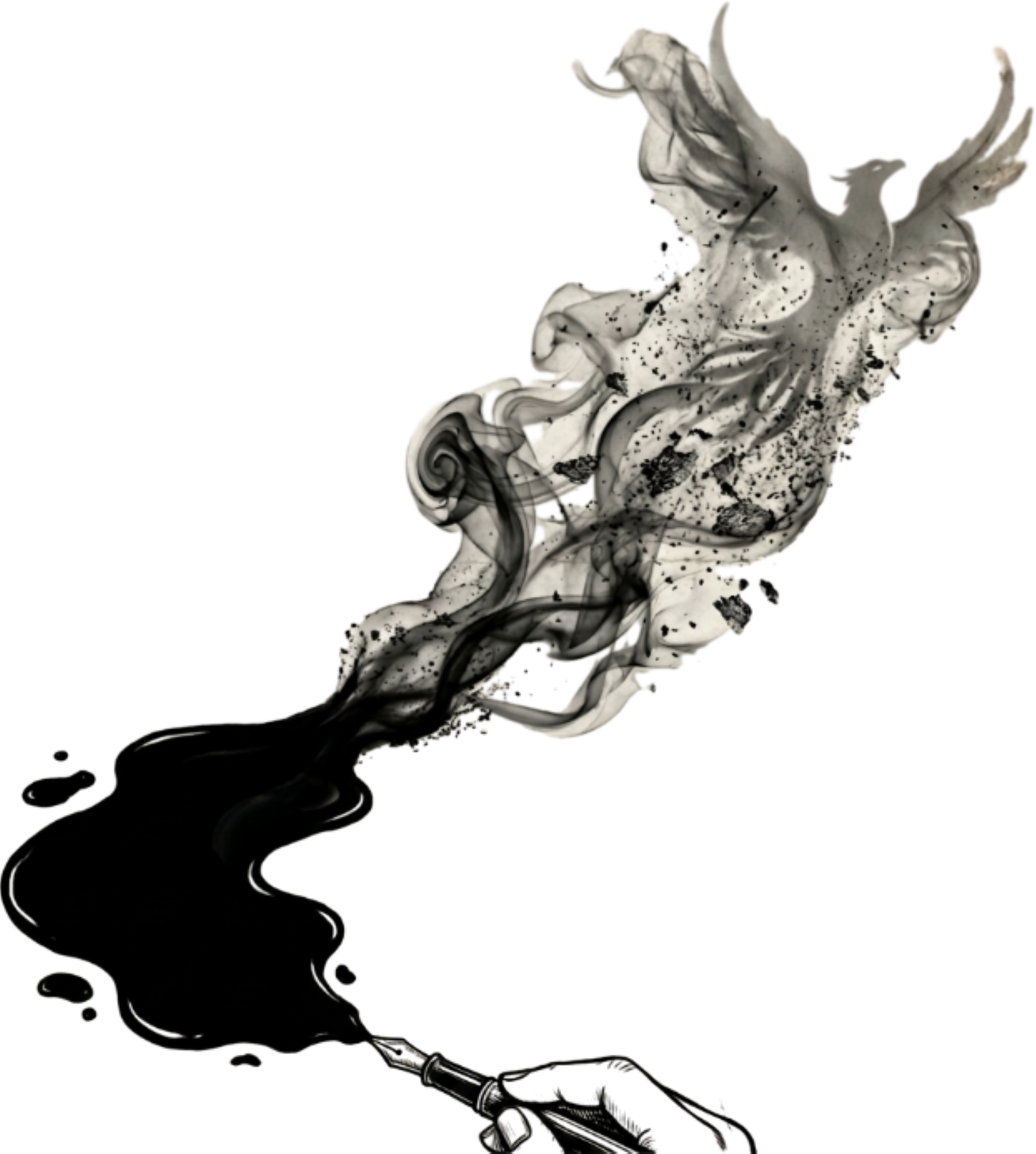 An inkwell and pen spilling ink that forms the shape of a bird in flight.