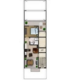 Floor plan of a small apartment with a bedroom, bathroom, living room, kitchen, and balcony.