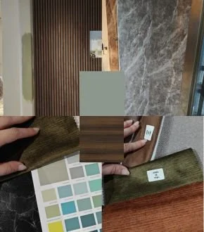 Sample swatches of wood, tile, and paint colors on a table for interior design.