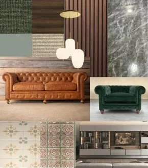 Interior living room with a brown leather sofa, a dark green velvet sofa, a wooden paneled wall, a marble wall, patterned tiles, and modern ceiling lighting.