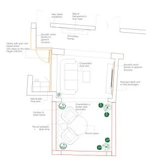 Architectural floor plan of a room with furniture layout, plant decorations, and measurements, including a seating area with chairs and a table.