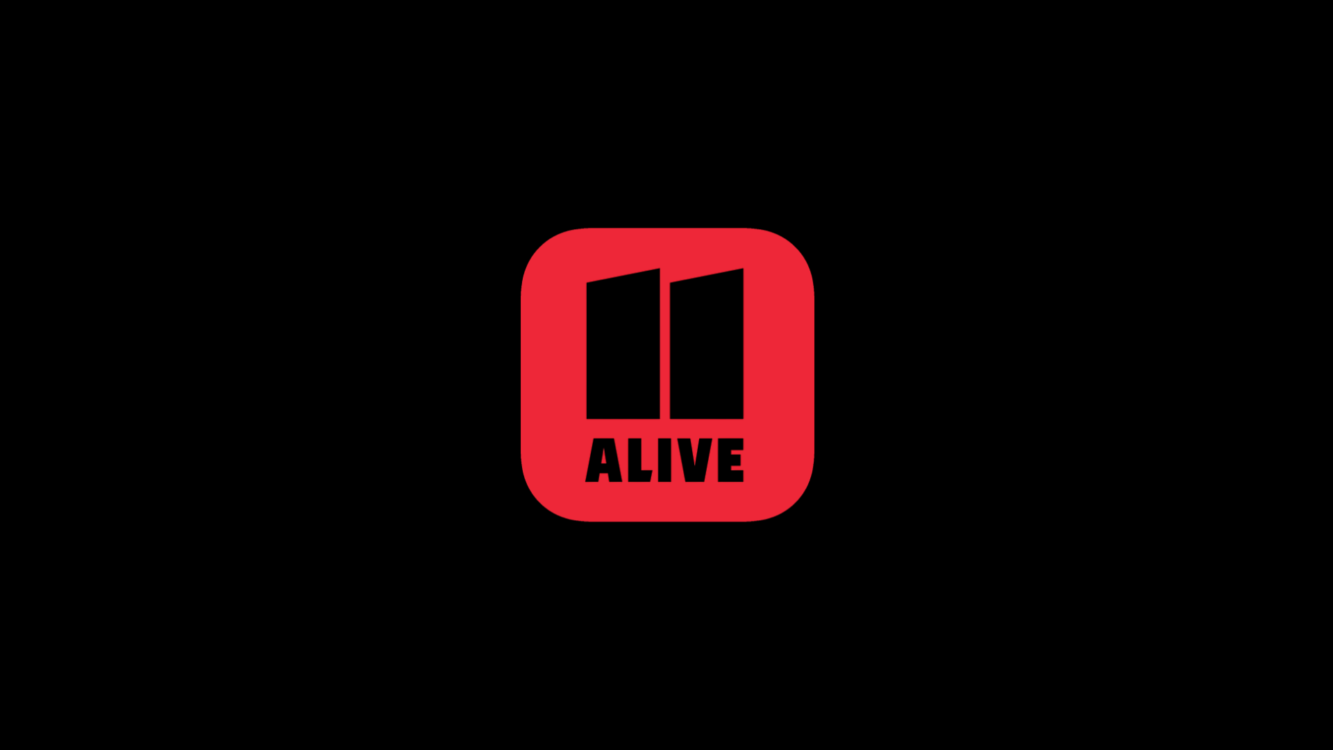 Red icon with black pause symbol and the word 'ALIVE' underneath, set against a black background.