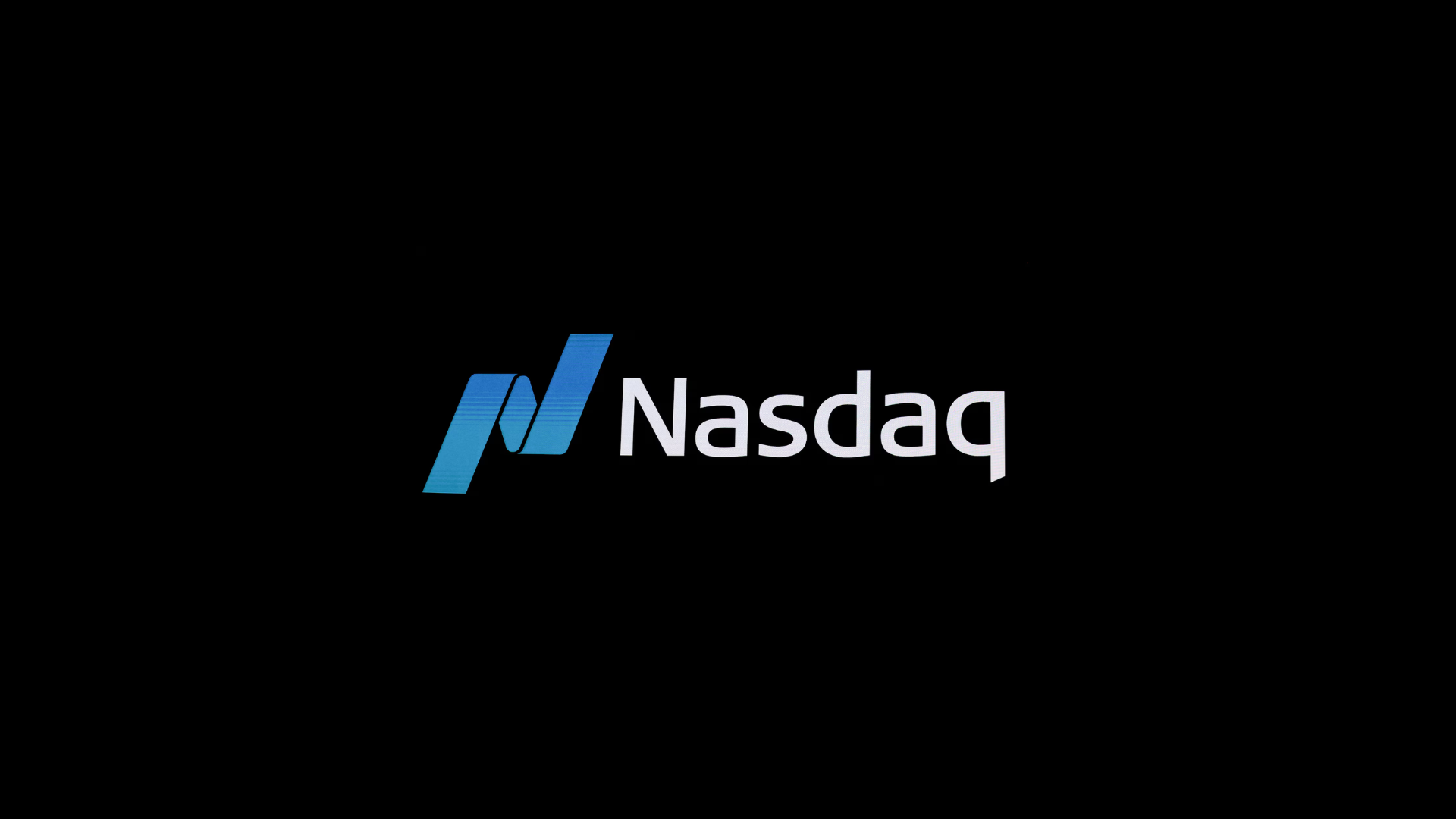 Nasdaq logo with black background and blue and white text