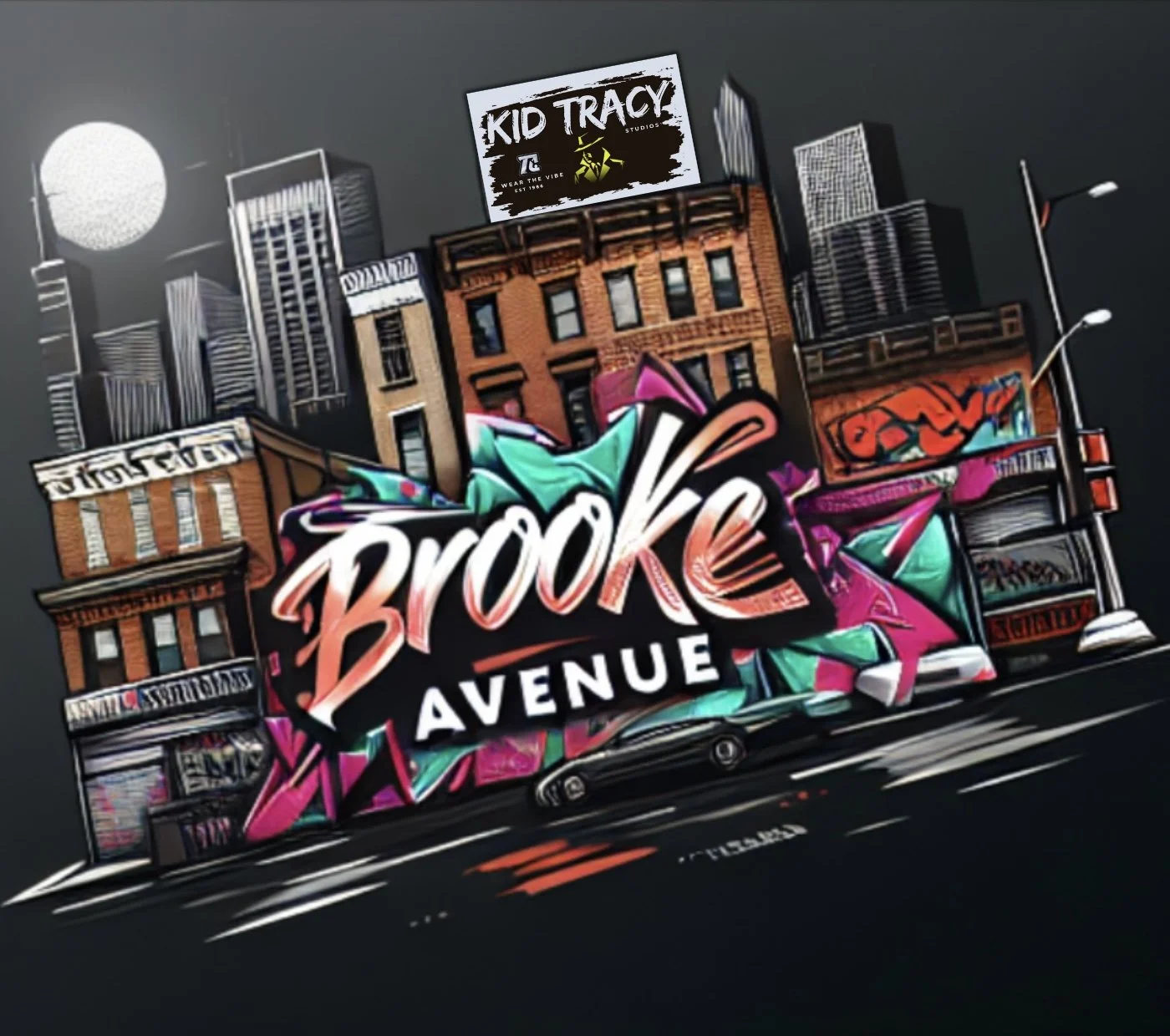 Colorful graffiti art on a wall reading 'Brooklyn Avenue' with city buildings in the background.