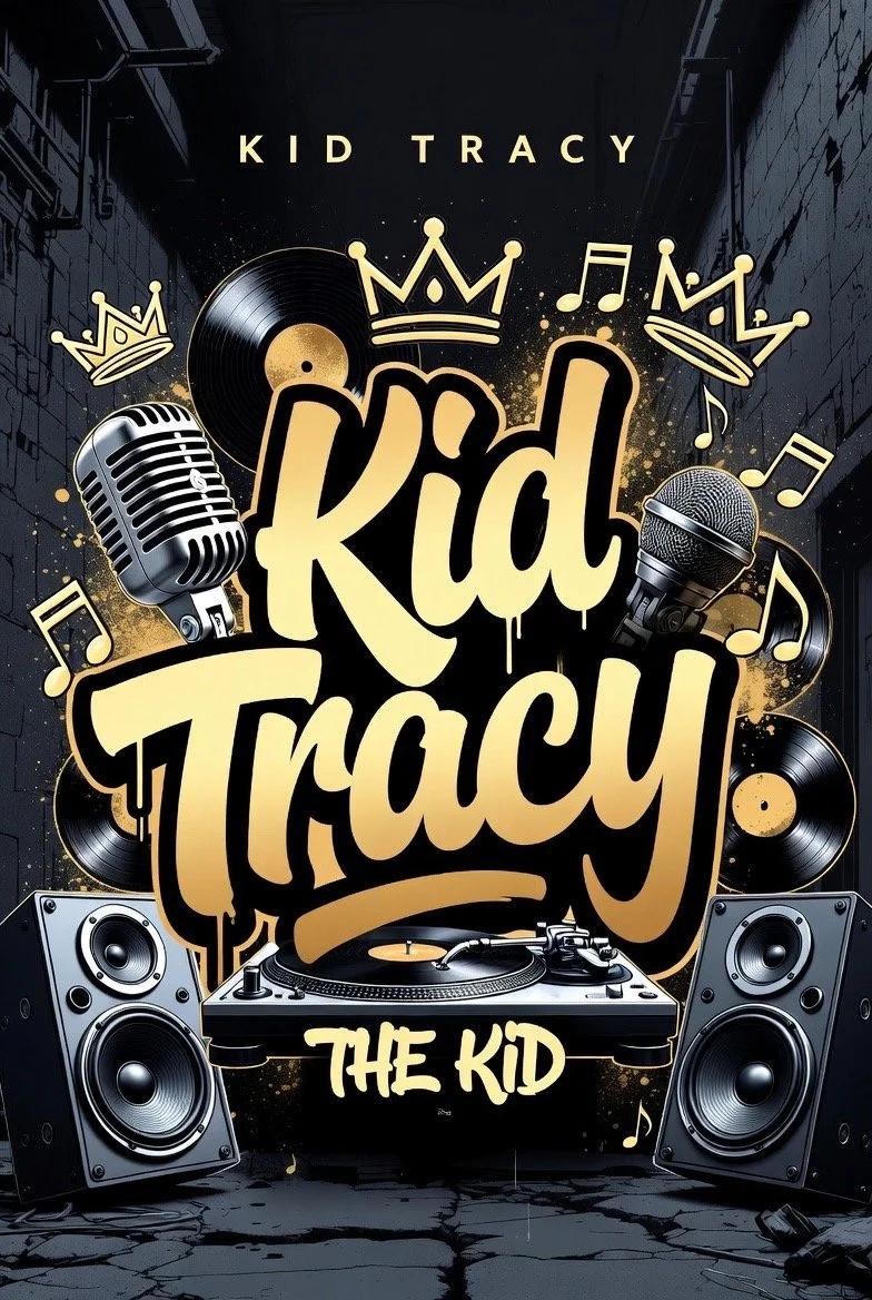 Poster featuring Kid Tracy, labeled as 'The Kid,' with images of microphones, vinyl records, speakers, and musical notes in a dark alley background, promoting a music event or album.