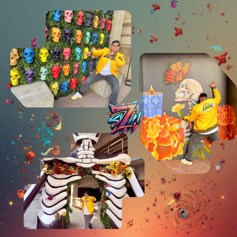 Three photos of a person in a yellow jacket posing at various colorful art installations. The first features a wall of multicolored skulls made of various bright colors, the second shows a scene with a large skull decorated with tribal patterns and vibrant flowers, and the third depicts a sculpture resembling a large pair of lips with flowers and greenery, all set against a multicolored abstract background with floating glitter and confetti.