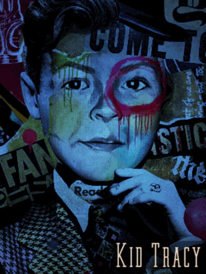 Graffiti-style mural of a boy with colorful paint drips on his face, surrounded by various words and designs.