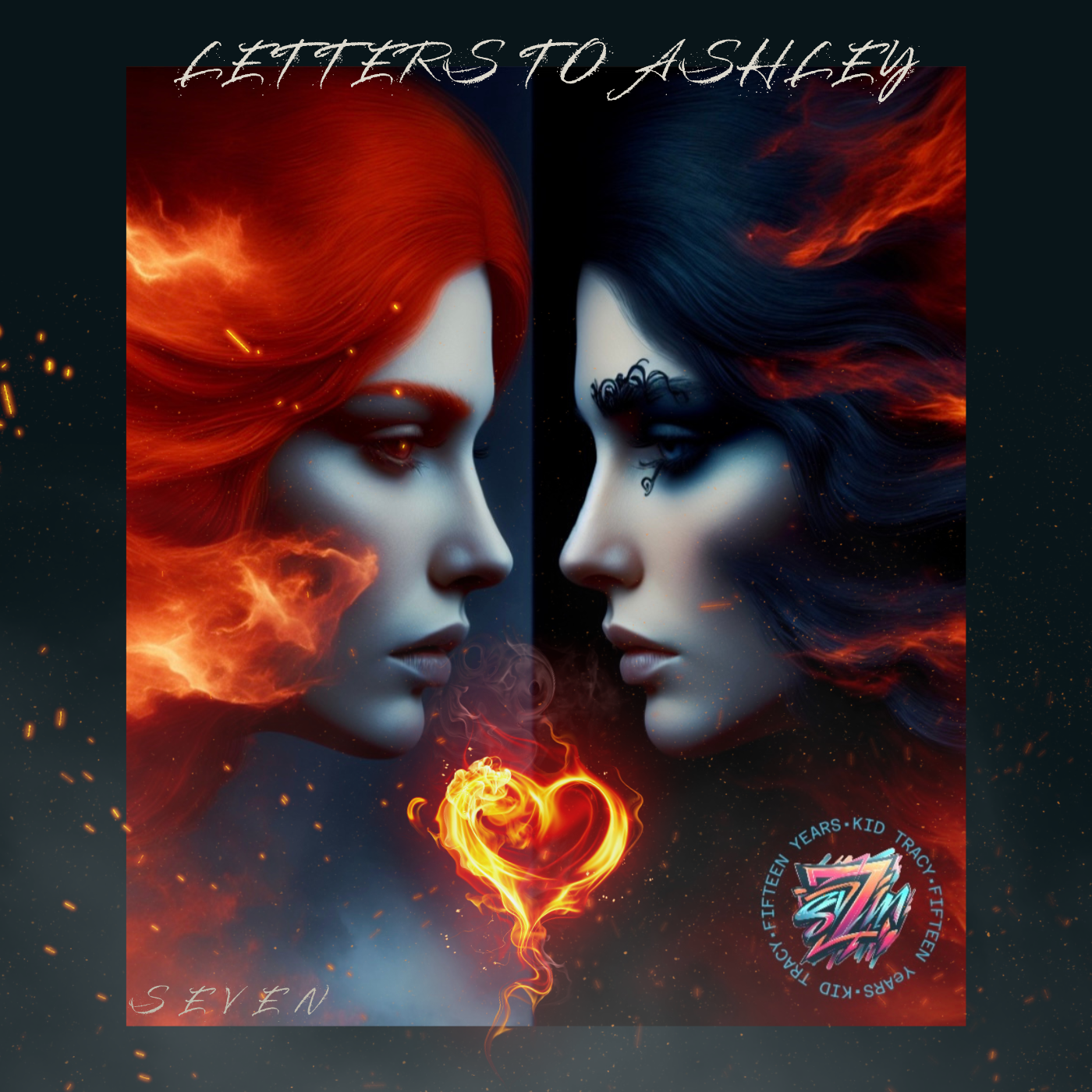 Artwork featuring two women facing each other with contrasting hair colors, one with fiery red hair and the other with dark blue hair, surrounded by flames and smoke. The text reads 'Letter to Ashley,' and the name 'Seven' appears at the bottom, with additional information about ages and a circular graffiti-style logo.