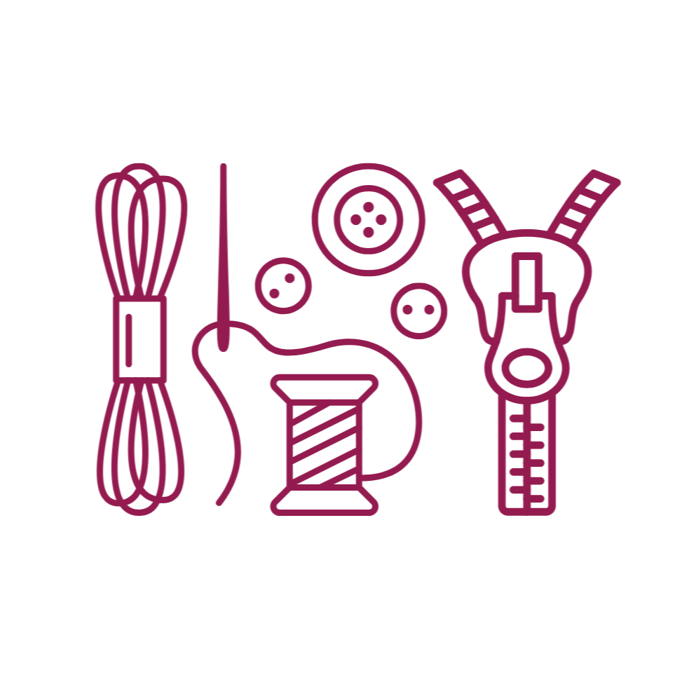 Line art illustration of baking tools including a whisk, a needle, a spool of thread, buttons, and a zipper.