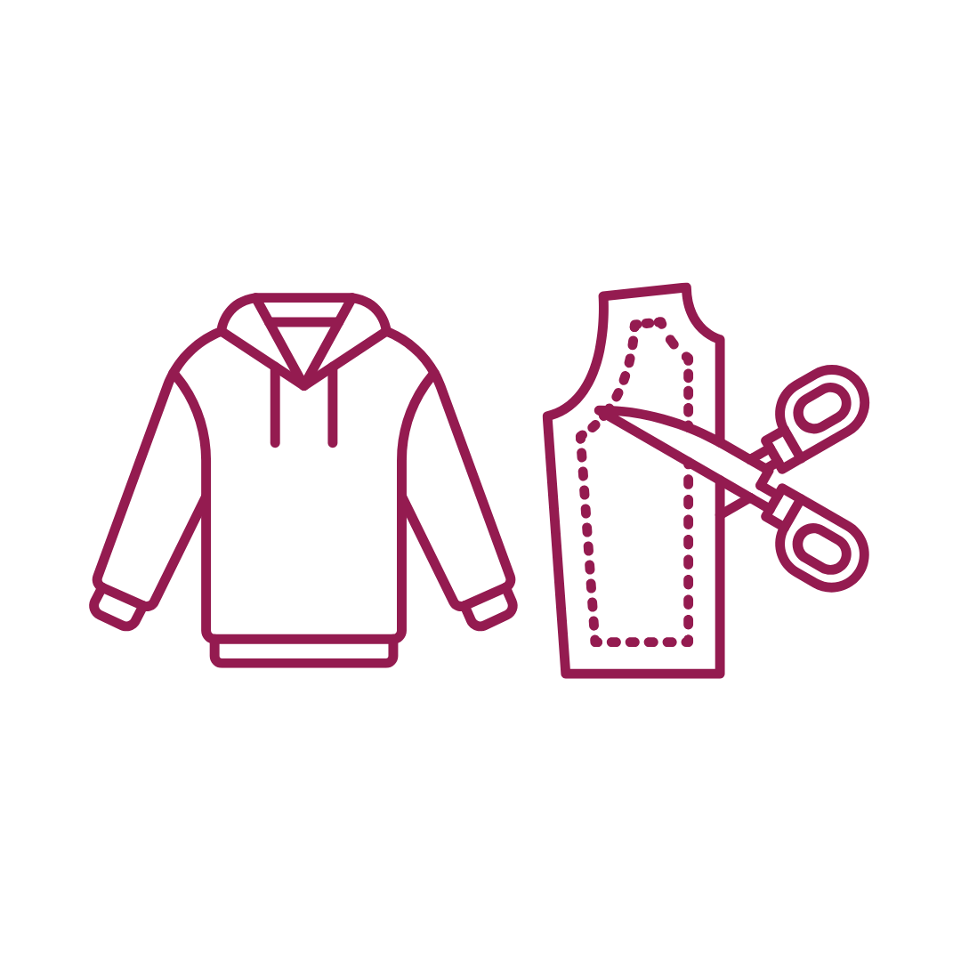 Line drawing of a hoodie, a fabric piece, and scissors, indicating clothing tailoring or sewing.