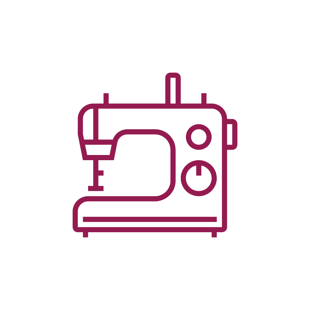 Line drawing of a sewing machine in dark maroon on a white background.