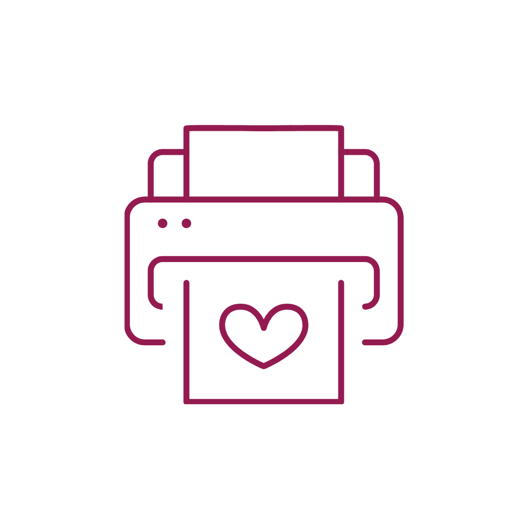 Outline illustration of a printer printing a sheet of paper with a heart symbol.