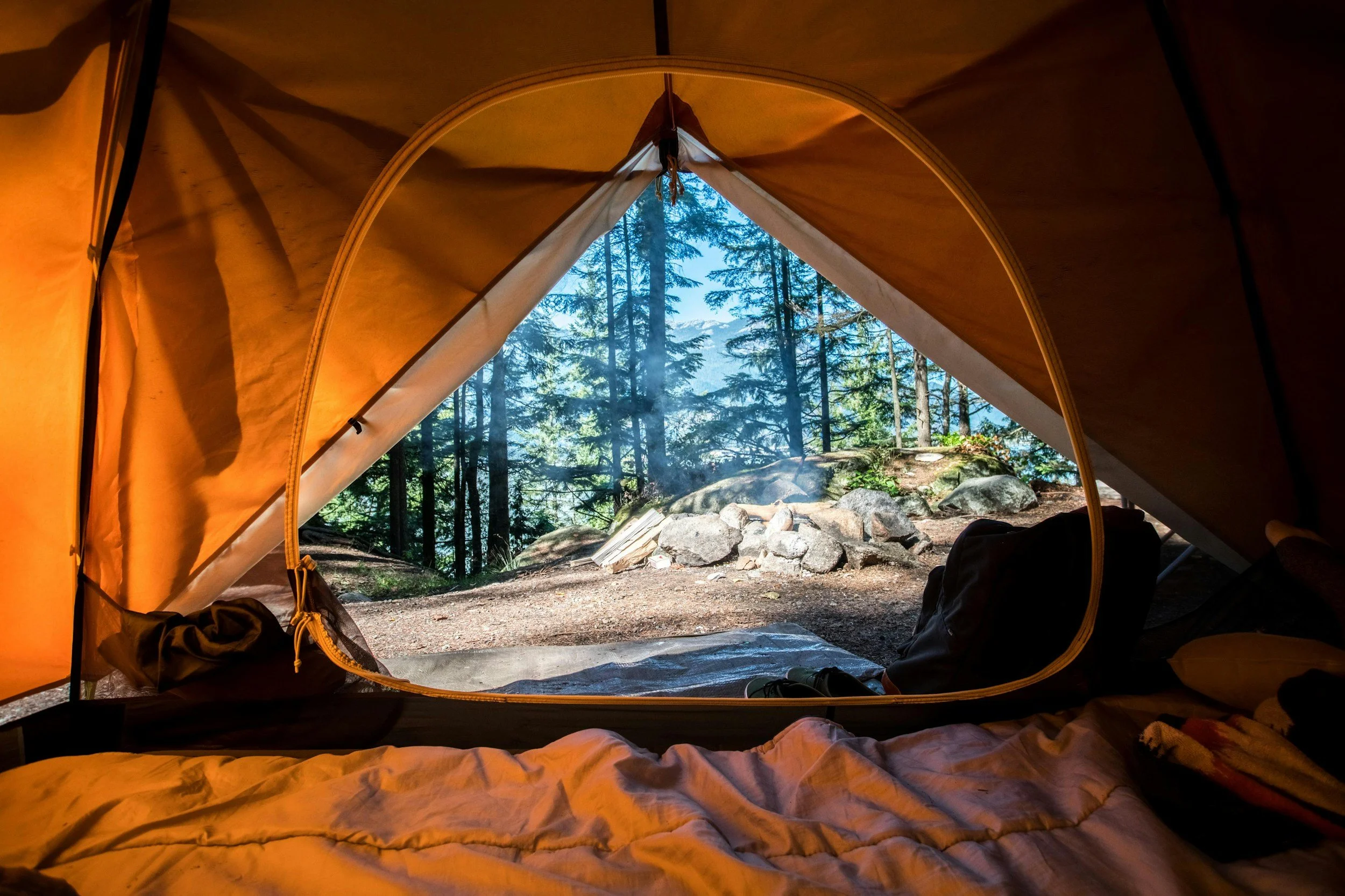 View from inside a tent overlooking a forest with tall trees and a campfire area outside.