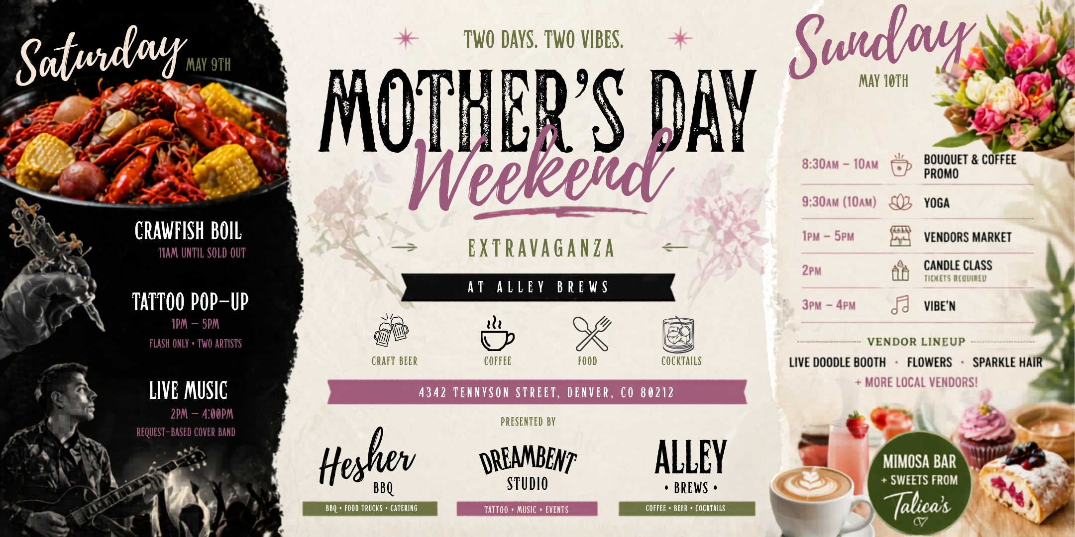Promotional banner for a two-day Mother’s Day weekend event at Alley Brews featuring a split design with a crawfish boil, tattoo pop-up, and live music on Saturday, and coffee, flowers, yoga, a vendors market, and a candle class on Sunday.