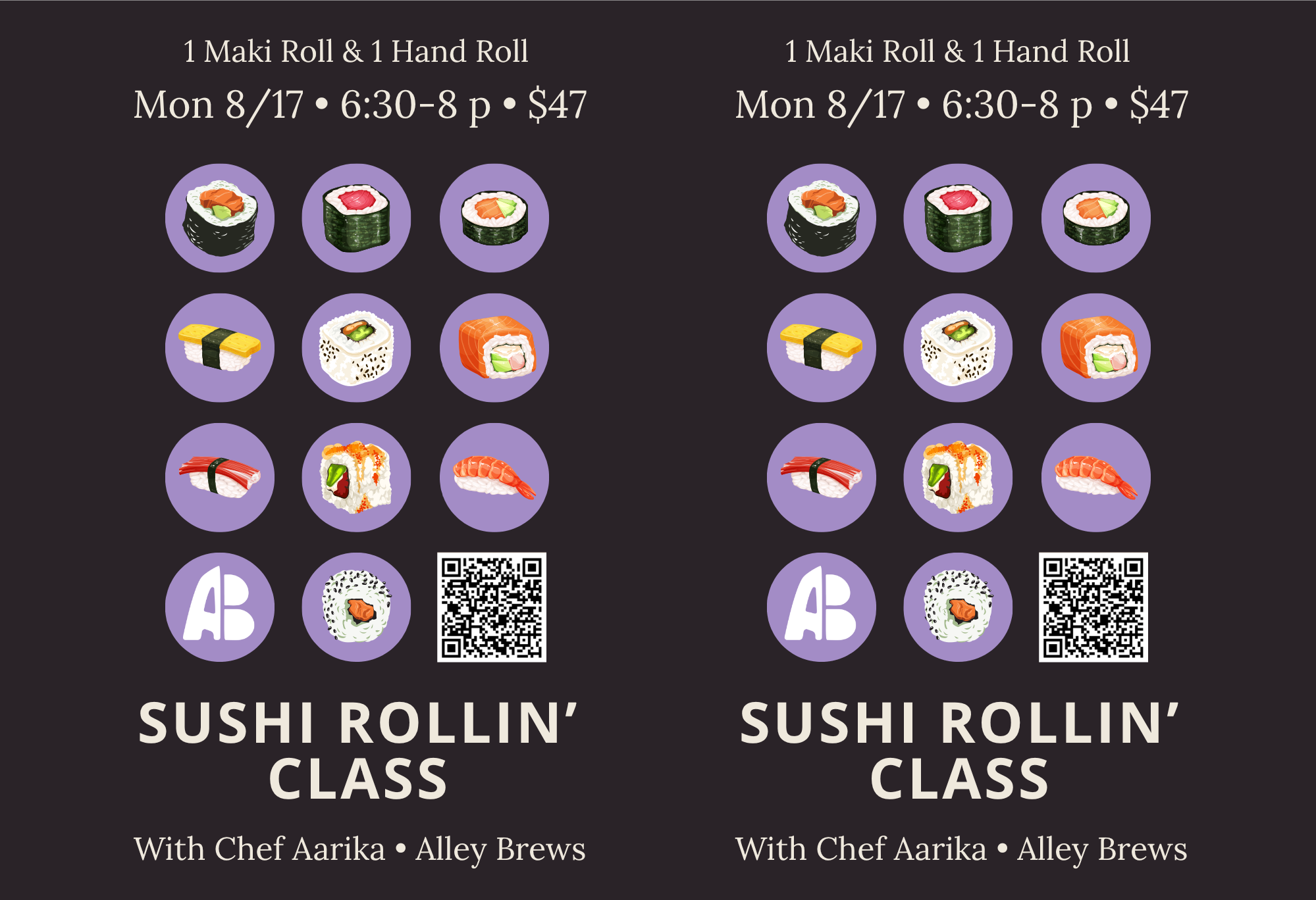 Poster for a hands-on sushi-making class with Chef Aarika at Alley Brews in Denver on August 17 from 6:30 to 8 PM. Tickets are $47 per person.