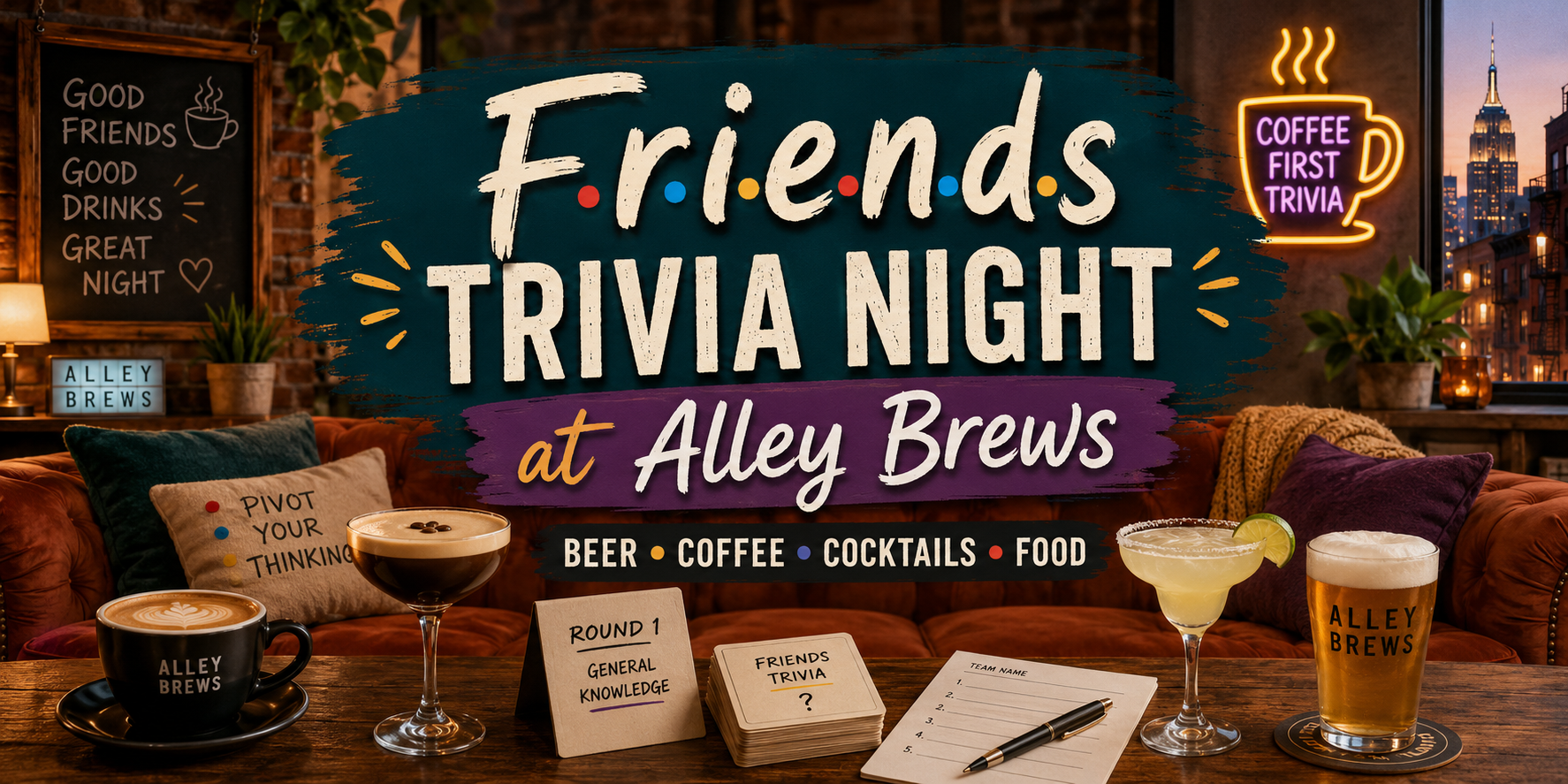 Friends Trivia Night at Alley Brews in Denver with beer, coffee, BBQ tacos, and flatbread pizzas