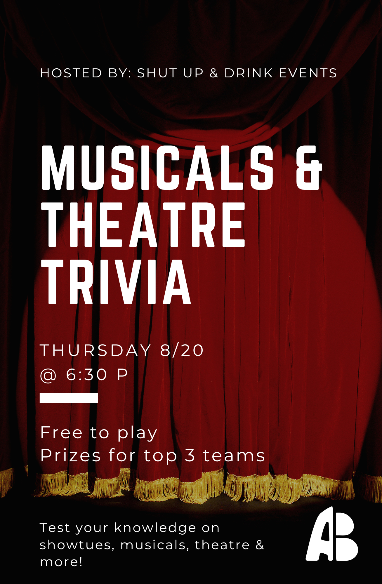 Poster for Showtunes & Standing Ovations musical theatre trivia at Alley Brews in Denver on Thursday, August 20 at 6:30 PM. Free to play with prizes for the top three teams.