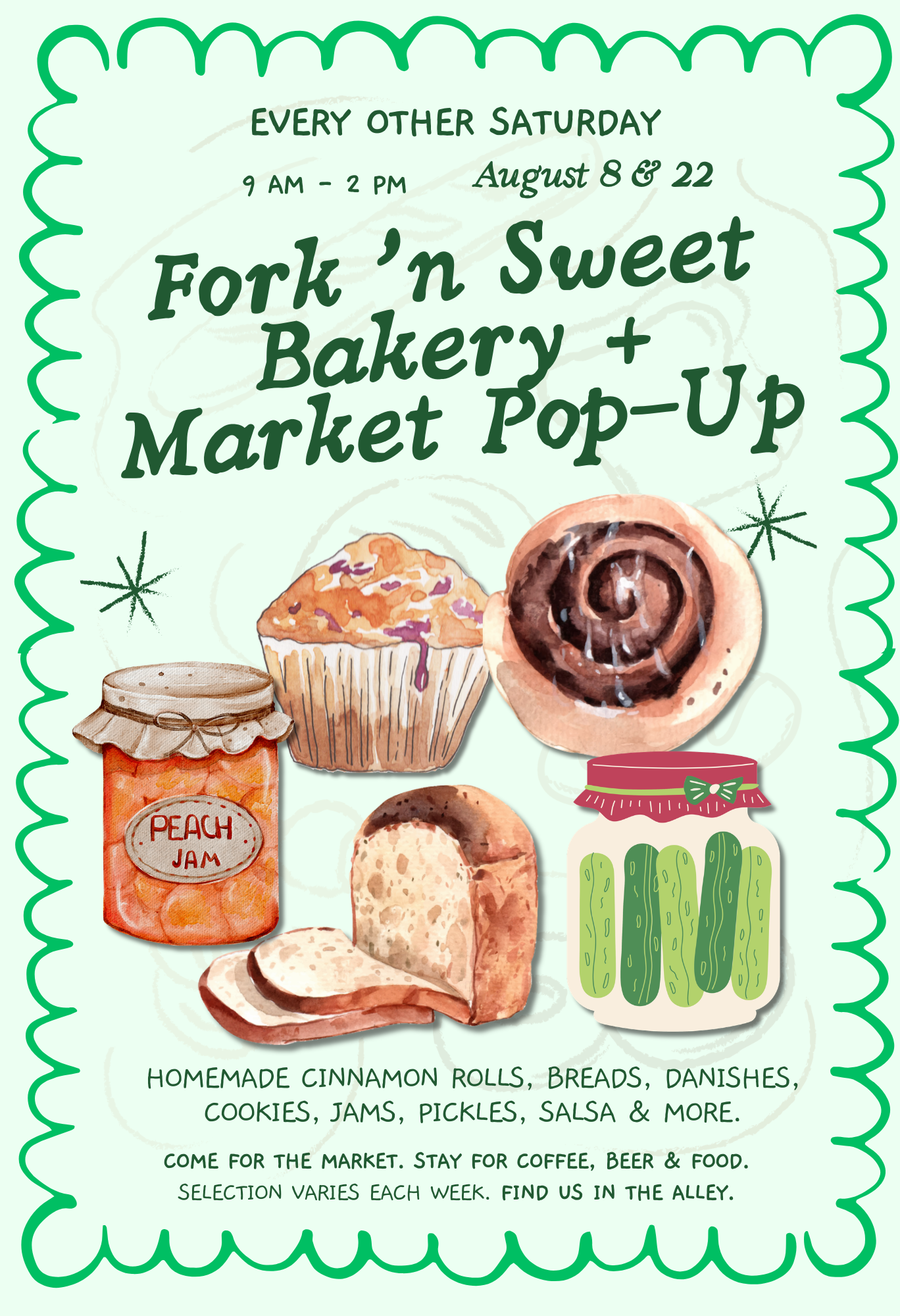 Poster for Fork ’n Sweet bakery and market pop-ups at Alley Brews in Denver on August 8 and 22 from 9 AM to 2 PM.