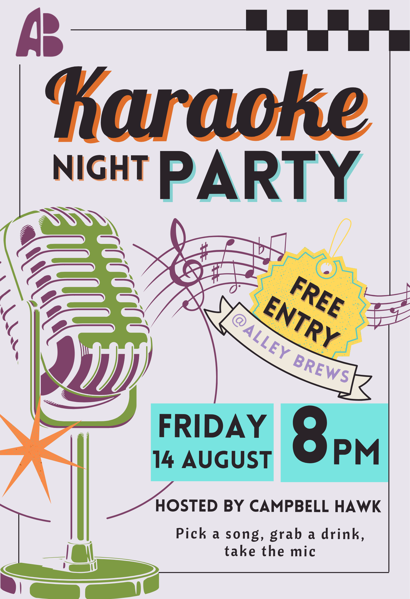 Poster for free karaoke night hosted by Campbell Hawk at Alley Brews in Denver on Friday, August 14 at 8 PM.