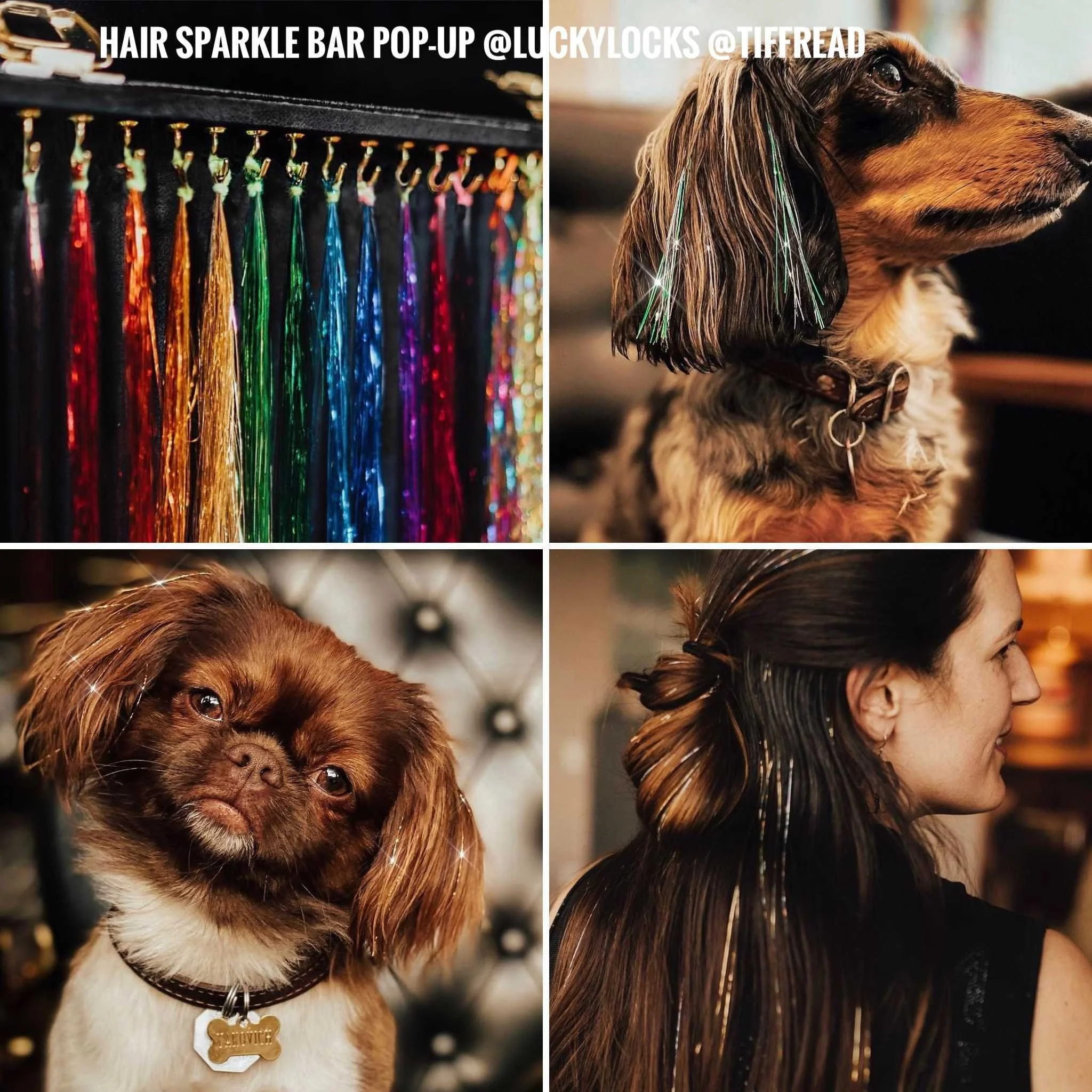 Sparkle hair tinsel examples with colorful strands styled in hair at Denver Mother’s Day event
