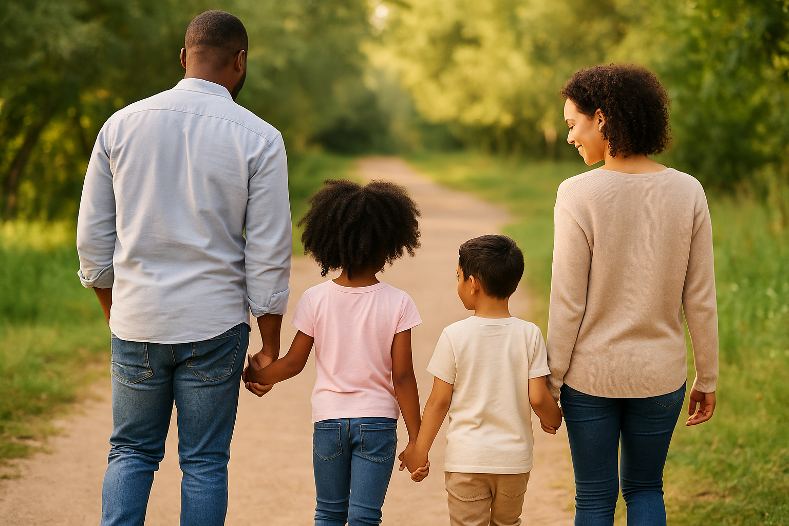 A family of four walking hand in hand down a dirt path surrounded by green trees.