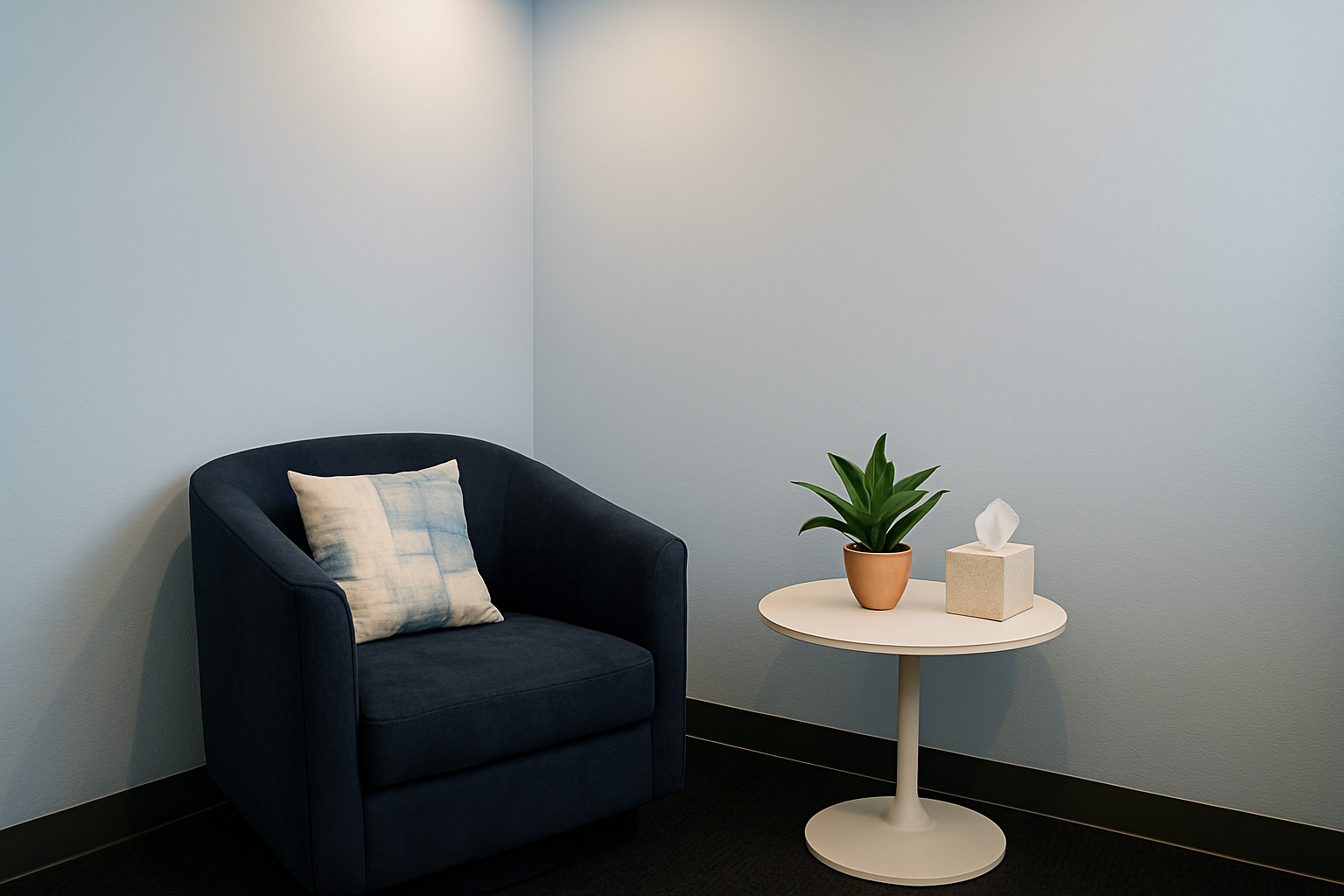 A dark blue armchair with a light-colored cushion, next to a small round white table with a potted green plant and a decorative white sculpture, in a room with light blue walls and dark flooring.