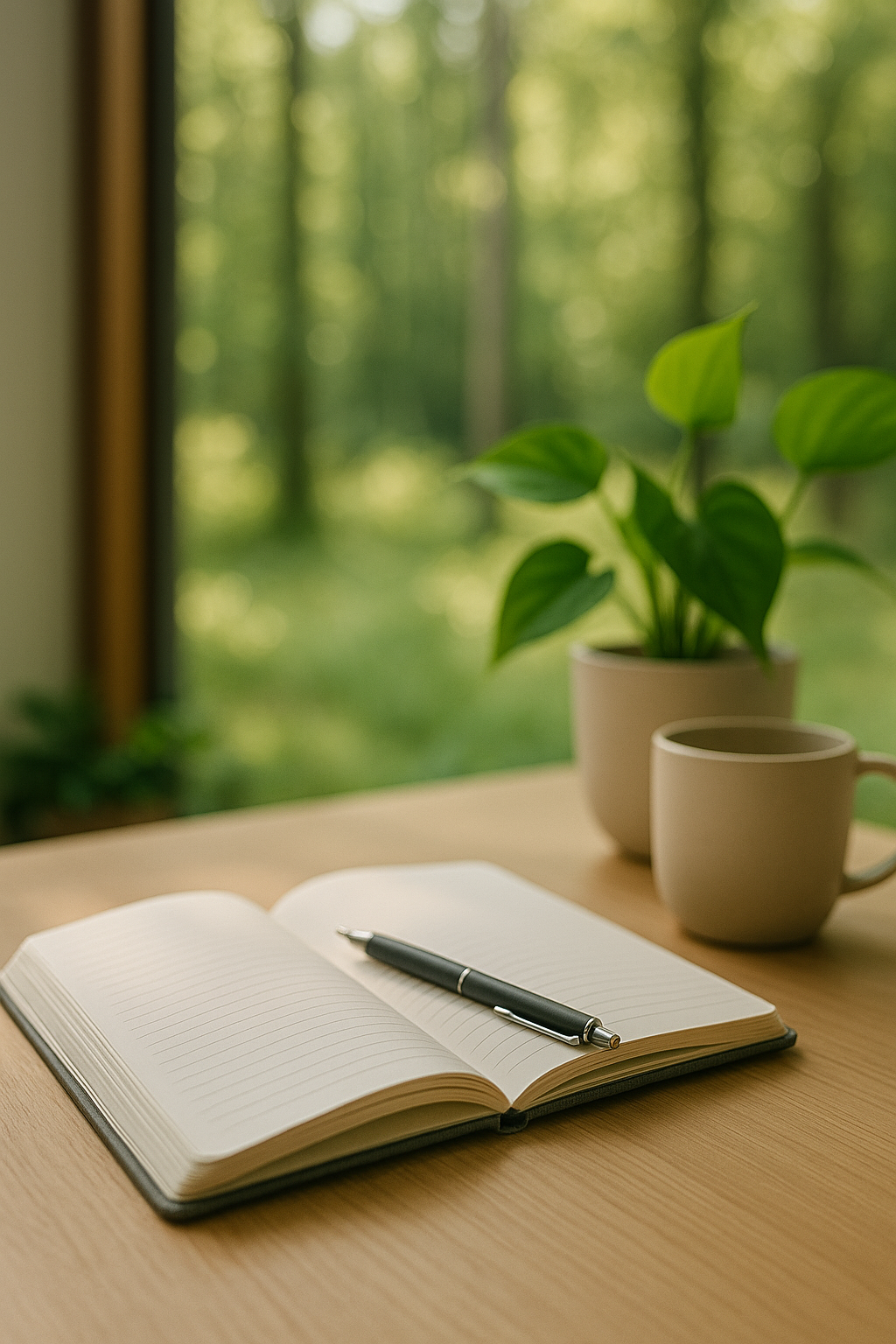 Open lined notebook with pen, potted plant, and mug on a desk near a window with a green outdoor view.