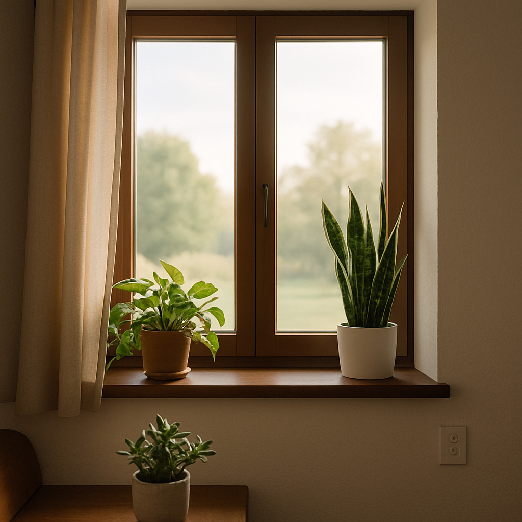 A windowsill with three potted plants, one without leaves, in a room with beige curtains and white walls.