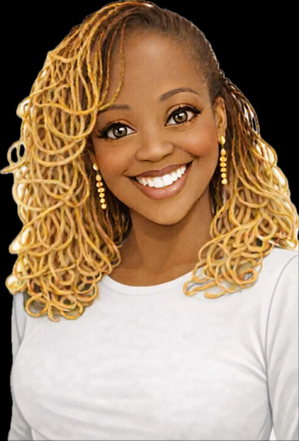 Smiling woman with golden blonde twists hairstyle, wearing white top and yellow earrings, against black background.