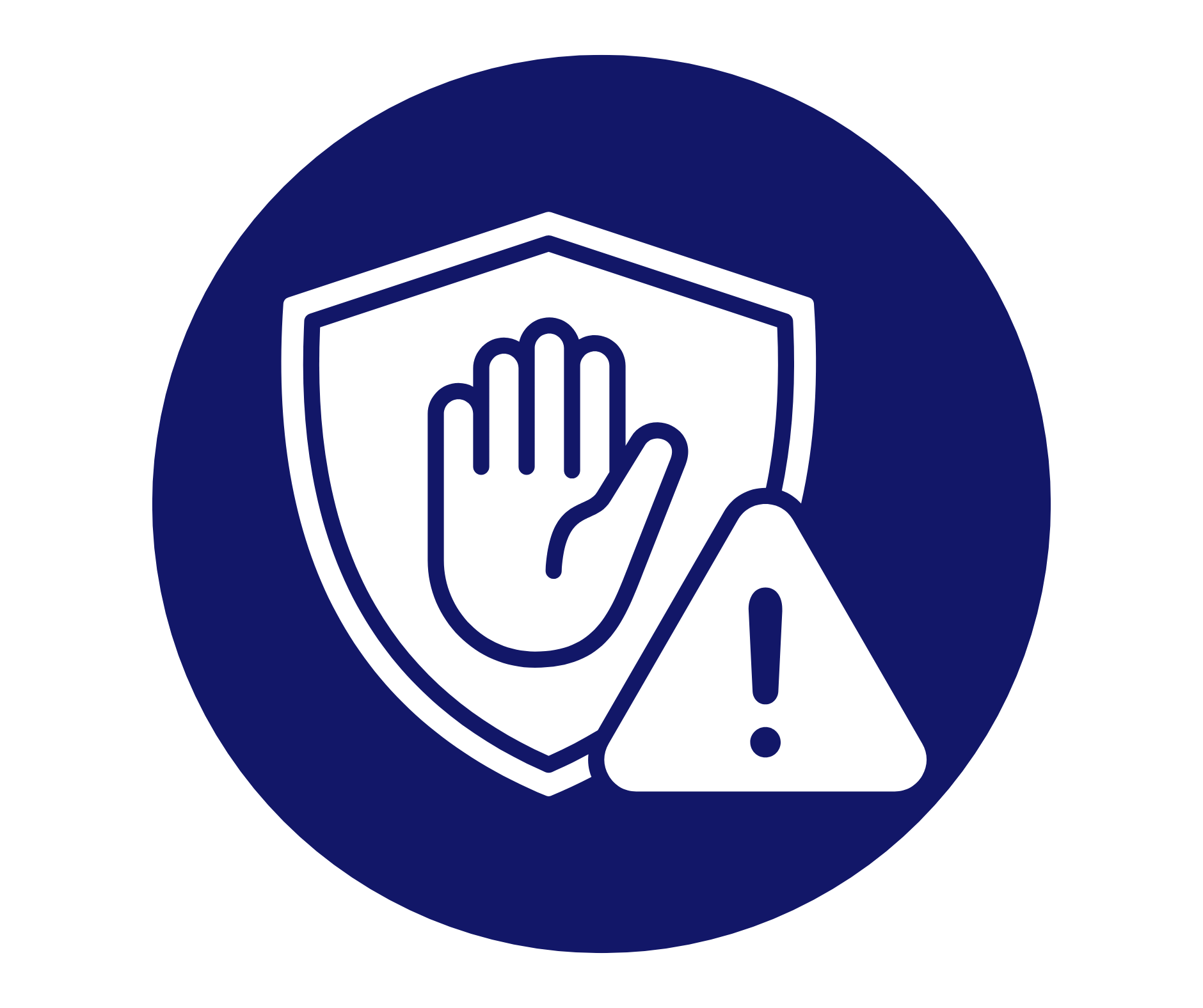 A safety sign with a shield and a hand symbol indicating to stop, accompanied by a warning triangle with an exclamation mark.