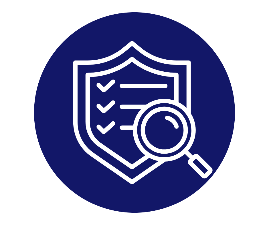 Icon of a shield with checkmarks and a magnifying glass, representing security or scrutiny.