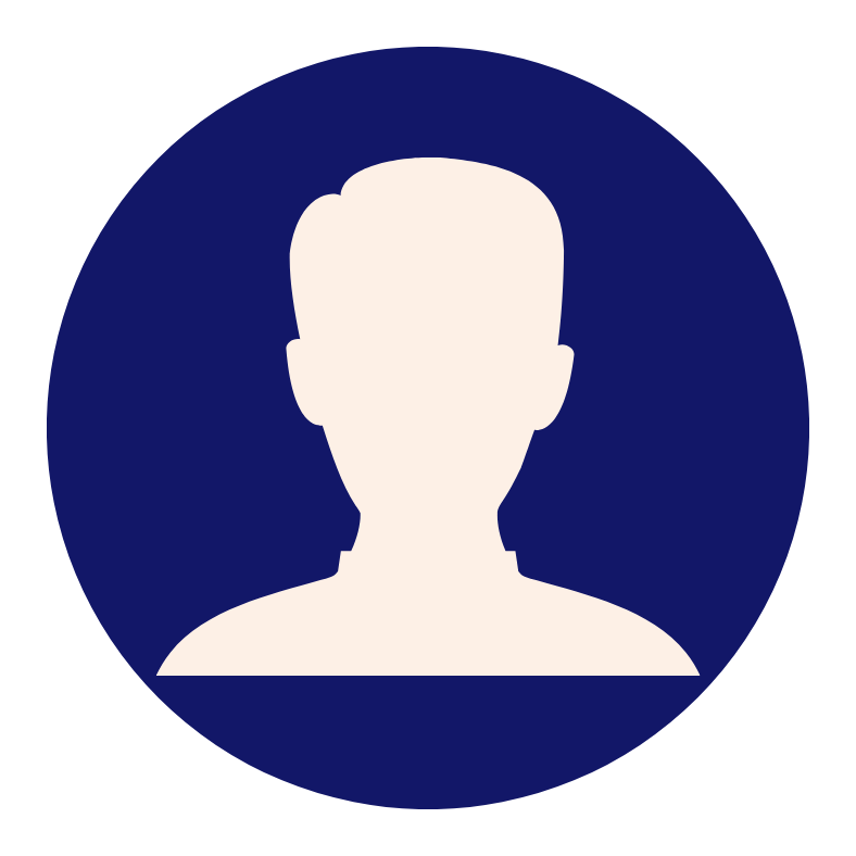 Silhouette of a person's head and shoulders against a dark blue circular background.