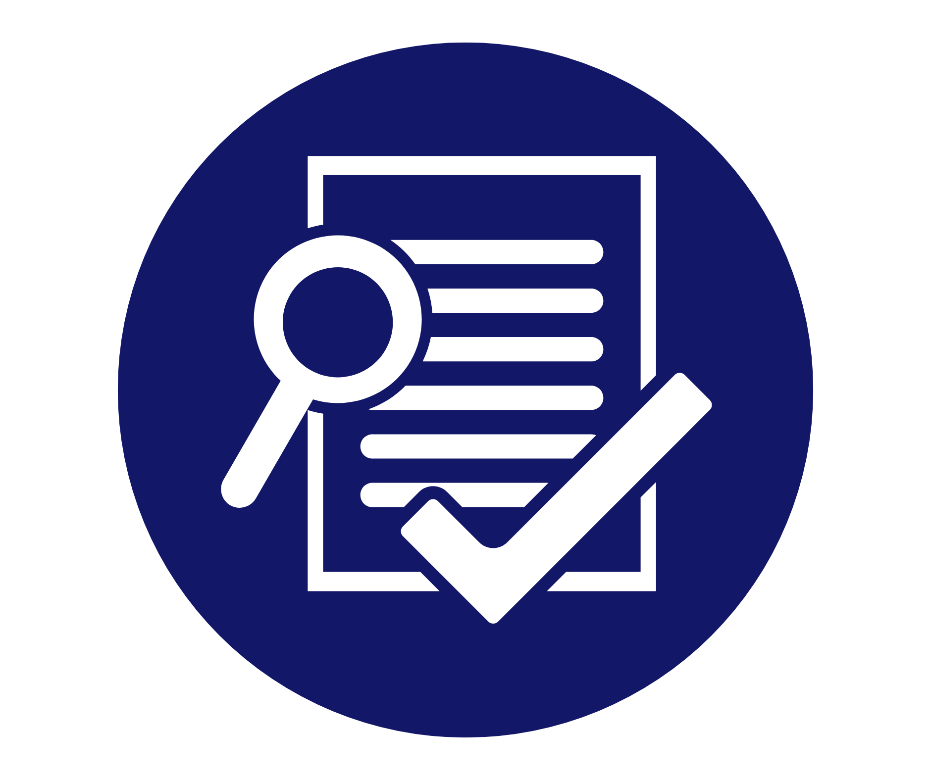 Icon of a document with a magnifying glass, a checkmark, and lines of text, symbolizing review or verification.