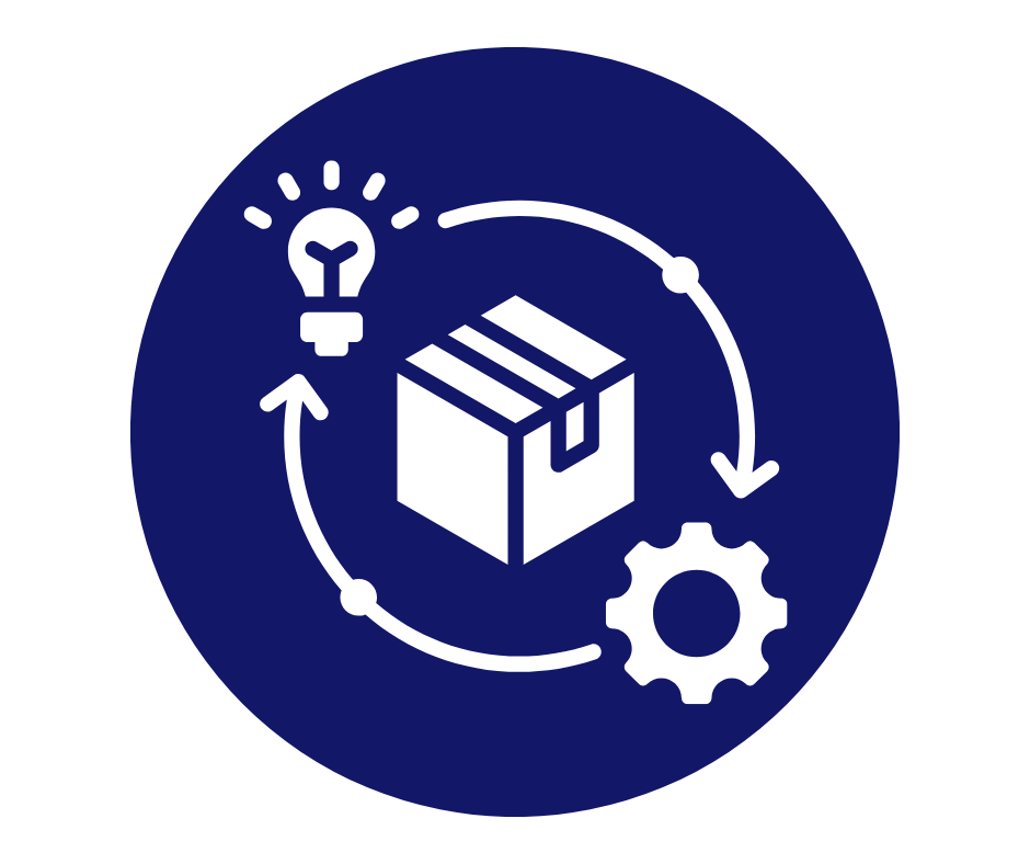 Icon of a supply chain process with a box in the center, a lightbulb symbolizing ideas or innovation, and a gear representing manufacturing or settings, all within a circular flow.