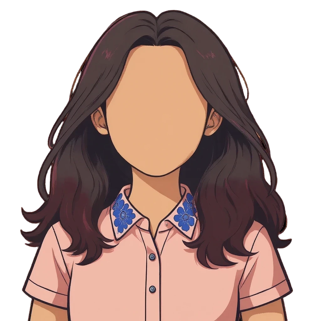 Digital illustration of a woman with long, wavy dark hair, wearing a pink button-up shirt with blue floral embroidery on the collar, no face visible.